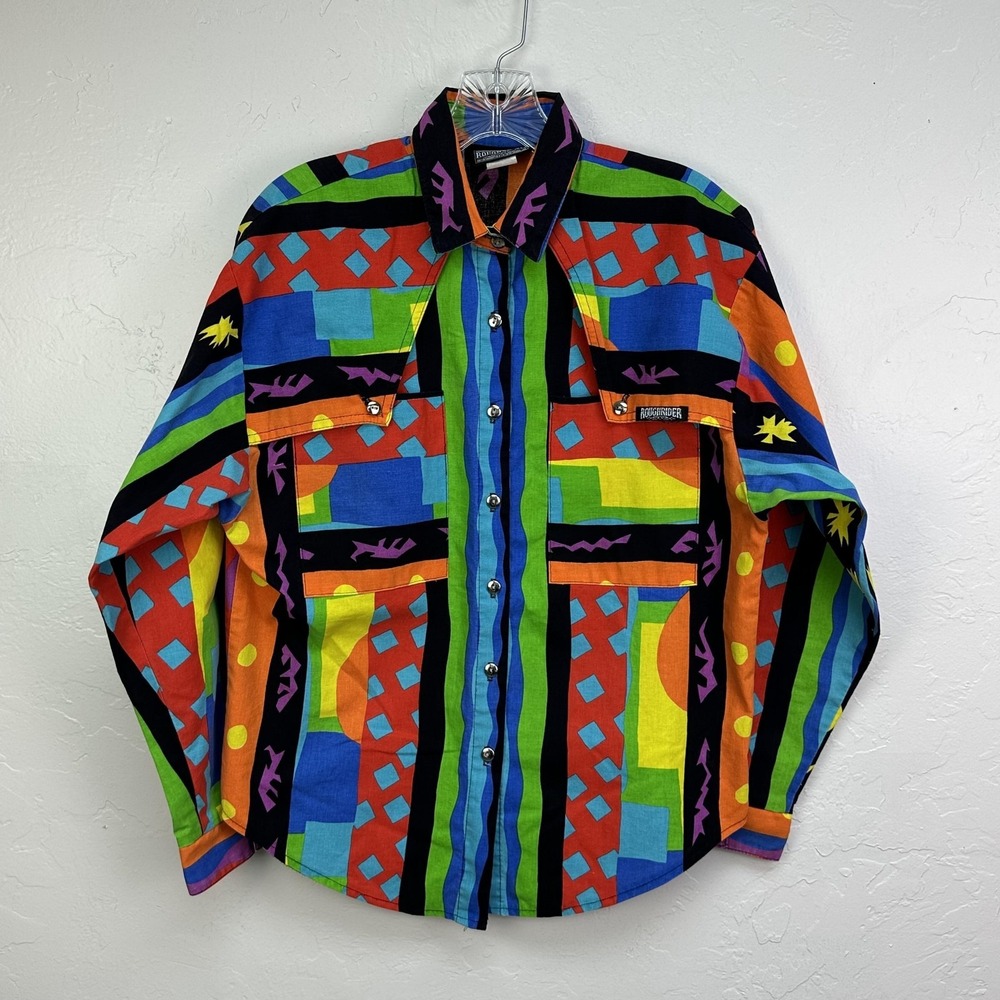 Vintage Roughrider Shirt Women Multicolor Western Button Down Geometric Bold 90s
